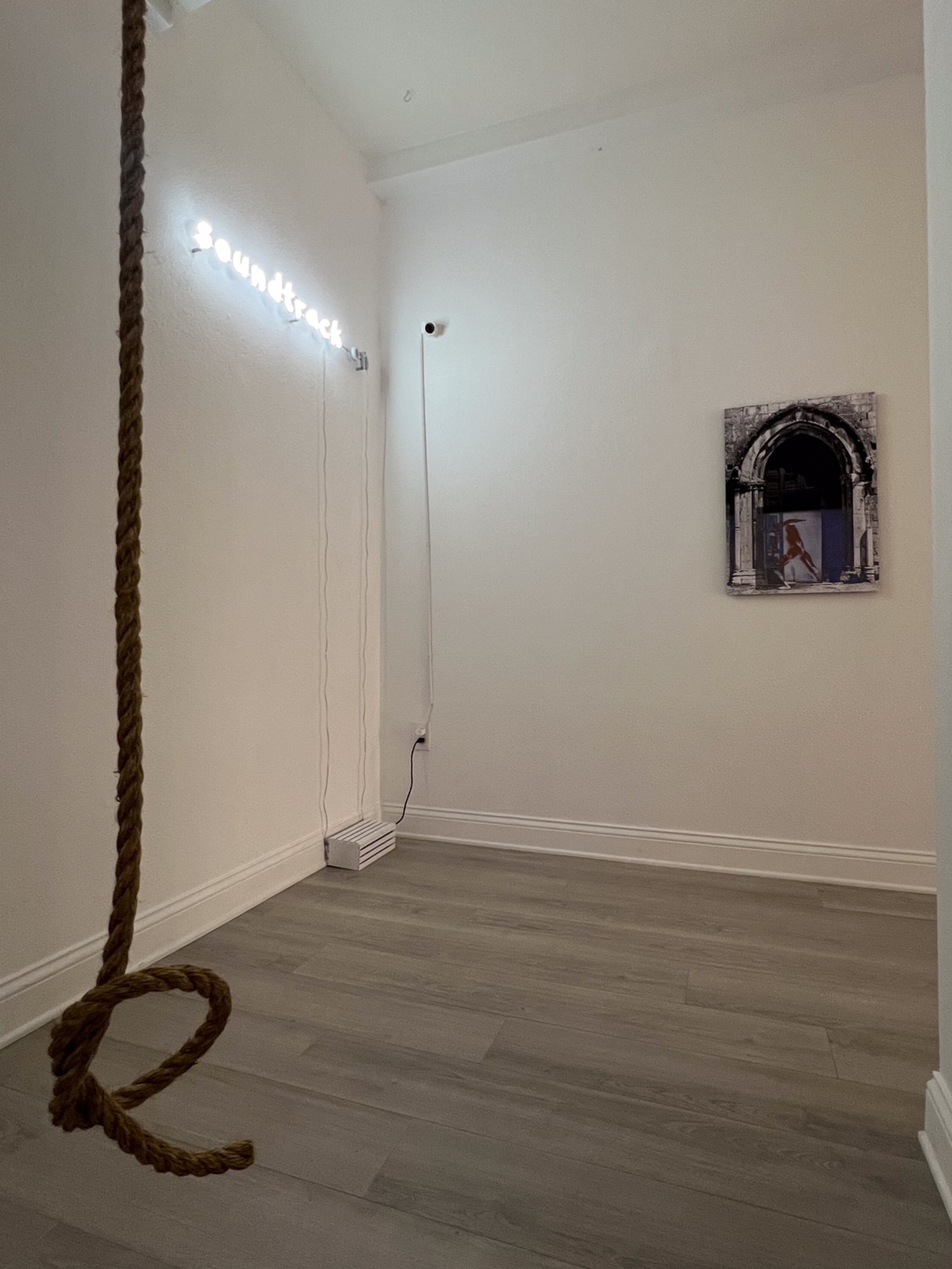 and bear, gatekeeper installed in gallery corner with Soundtrack neon at writings, LOS/NR, La Jolla, 2025