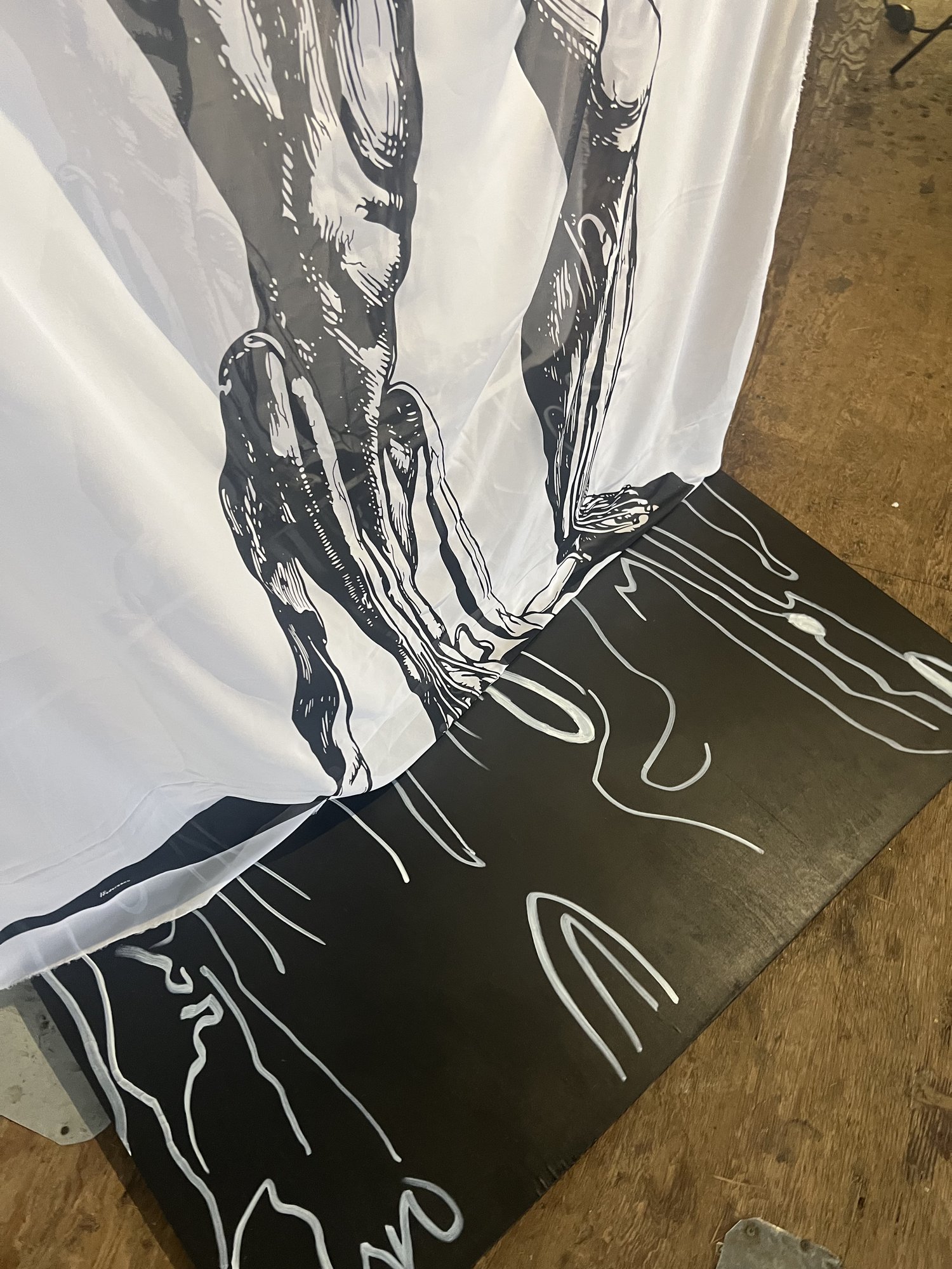 assemble, installation view at Liminal Forms, The Invisible Dog Art Center, Brooklyn, 2023 — detail of silk drape meeting birch base with skipped-line drawings