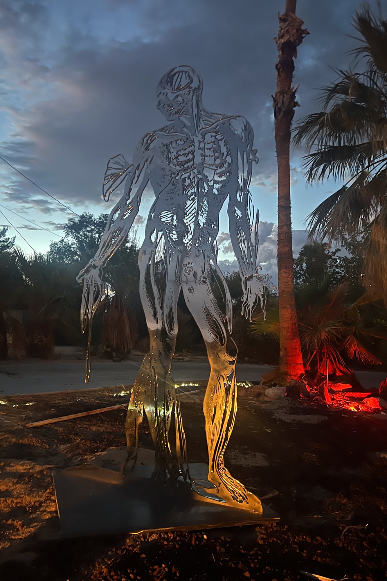 Cor Fabrica, installation view at Chocolate Drop, Twentynine Palms, 2023 — night view with palm tree, red landscape lighting at base