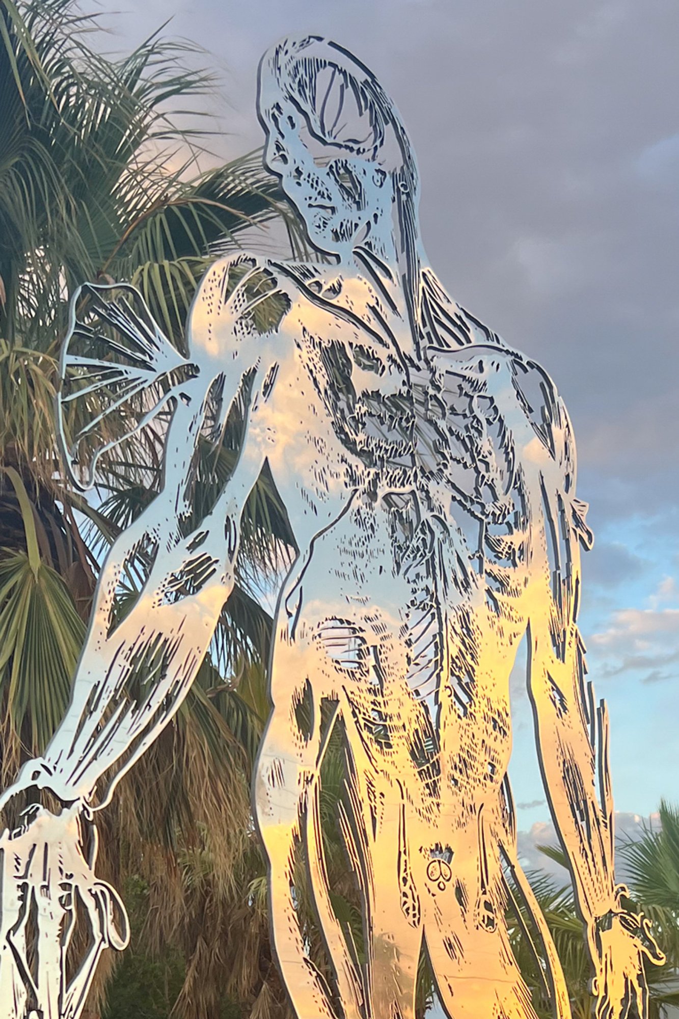Cor Fabrica, installation view at Chocolate Drop, Twentynine Palms, 2023 — three-quarter view with palm fronds and dusk sky