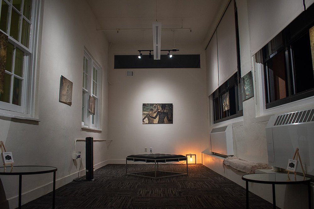 dancers, installation view at Cornel/Henry Art, San Diego, 2019 — back gallery with a framed photograph centered on the far wall