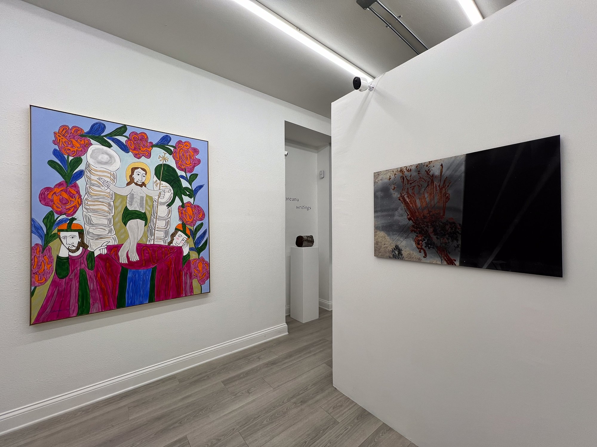fables, installation view at writings, level of service not required (LOS/NR), La Jolla, 2025 — fables work on right wall, writings painting opposite