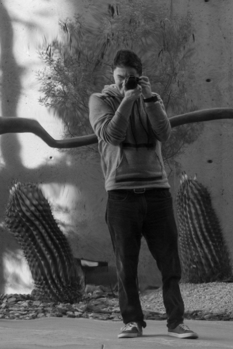 C Fodoreanu photographing, in black and white, against a concrete wall with cacti