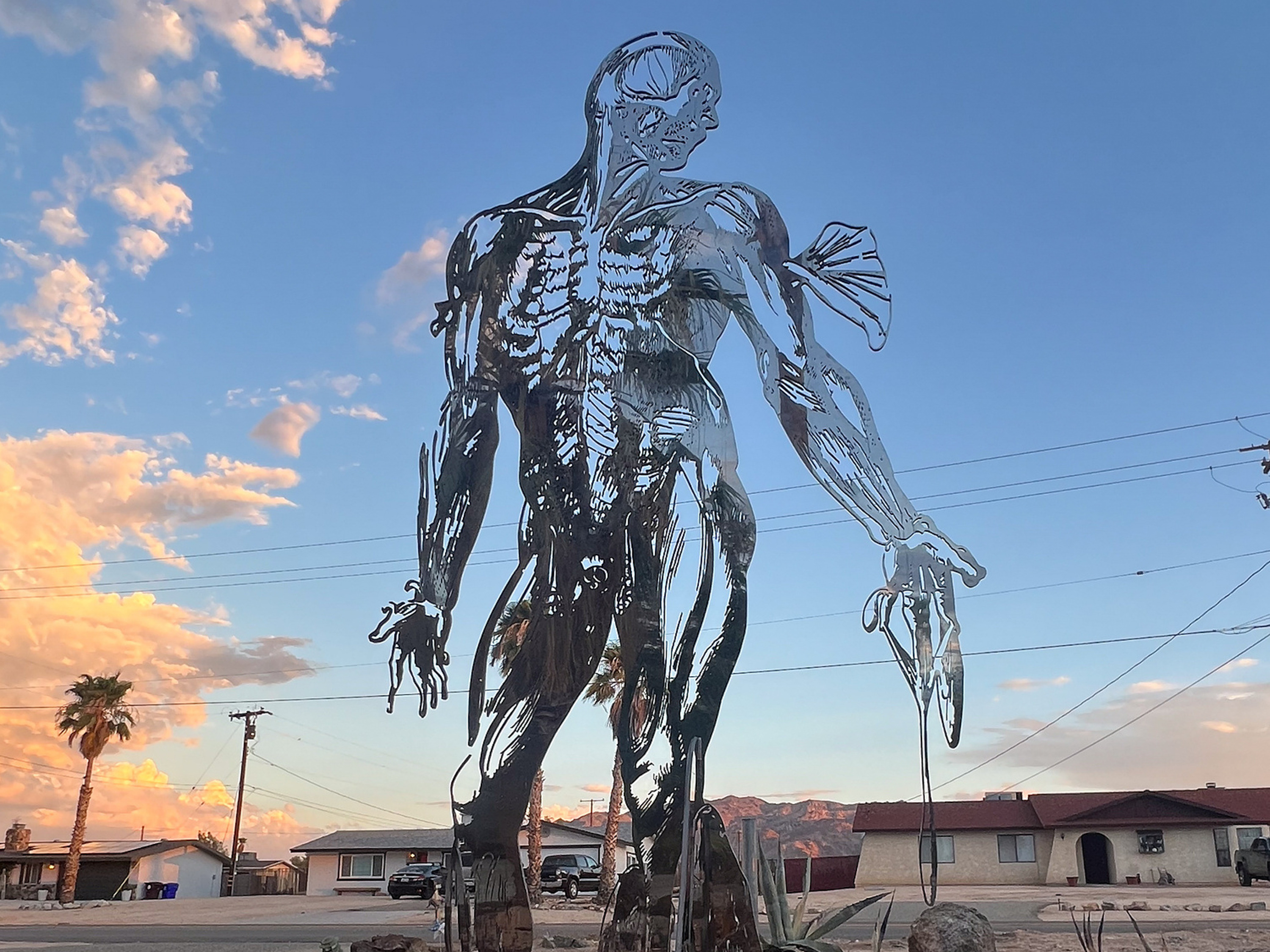 Cor Fabrica — mirror-polished stainless steel sculpture by C Fodoreanu, anatomical figure rising against a sunset desert sky.