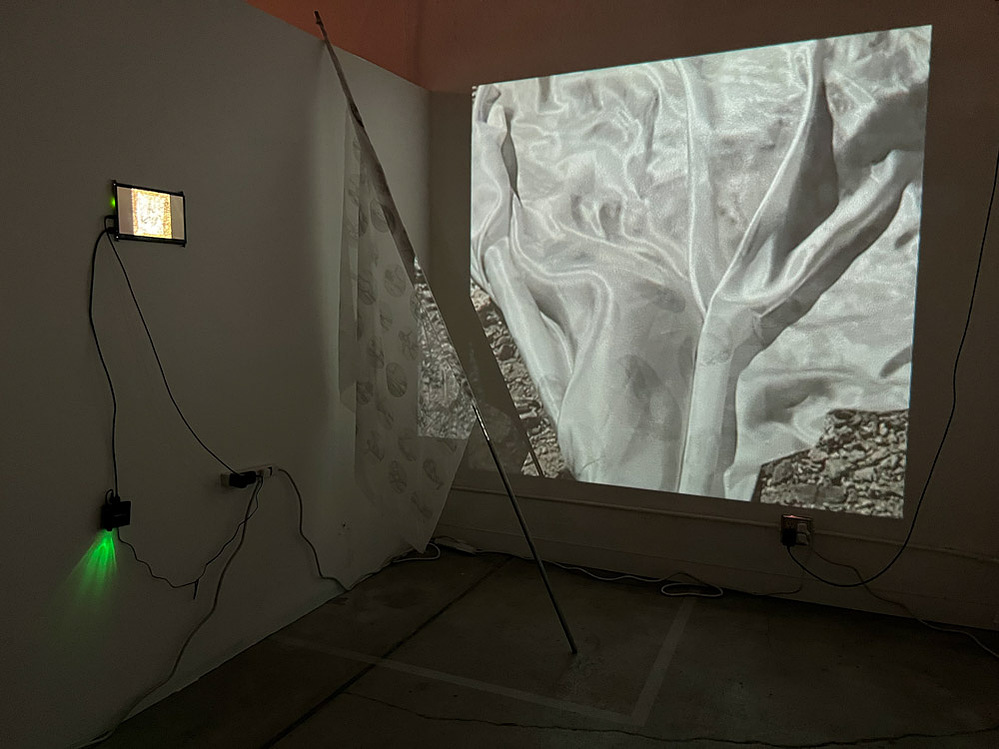 the measure of all things, installation view at The Studio Door, San Diego, 2022 — silk flag on metal pole with video projection and wall-mounted monitor