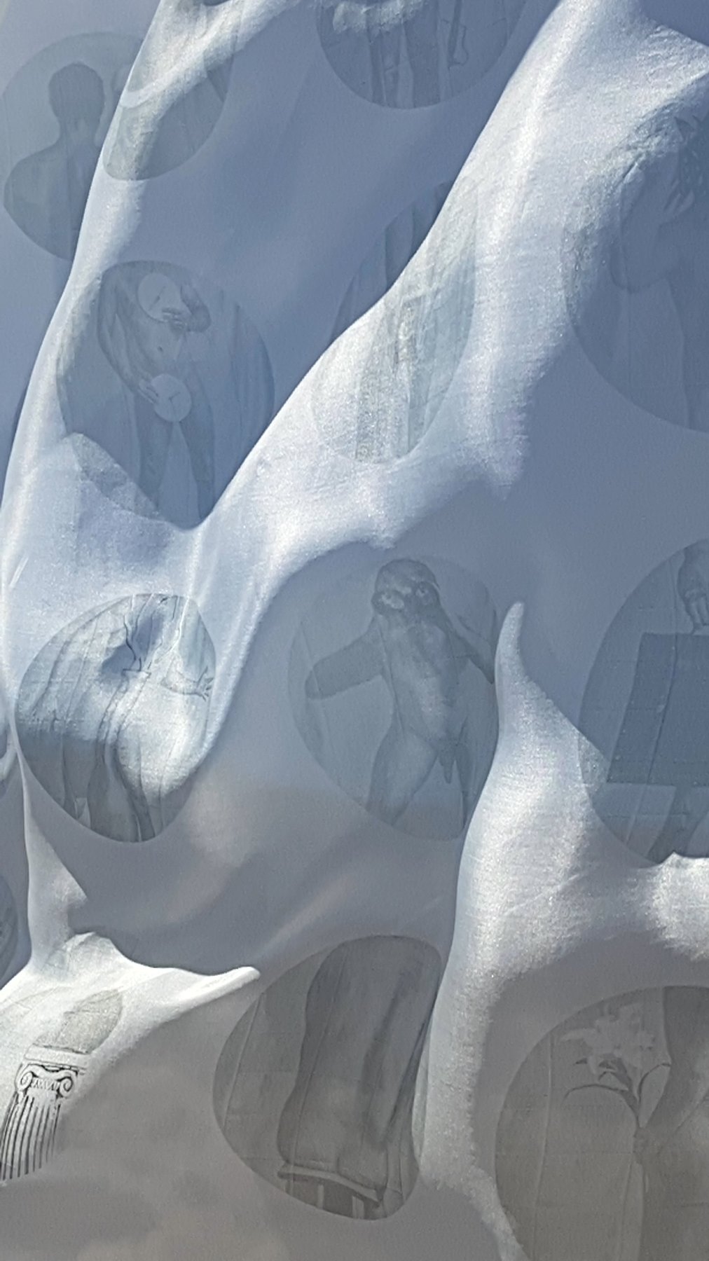 the white flag installed at Chocolate Drop, Twentynine Palms, CA, 2021 — close-up of the silk surface revealing the printed body figures inside circles