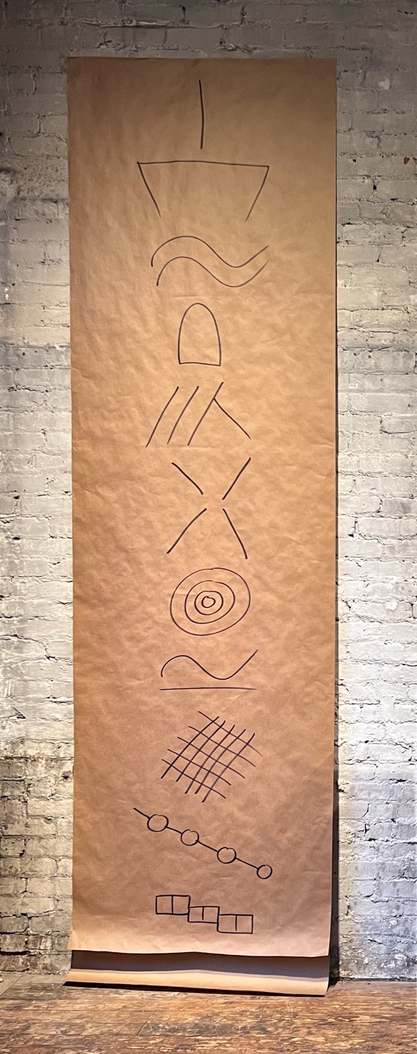 preamble, installation view at Liminal Forms, The Invisible Dog Art Center, Brooklyn, 2023 — full ten-foot oil-on-butcher-paper right scroll, top to bottom: vertical line, dot, diagonals, X, beaded line, V, squiggles, V, dot, circle, rectangle, signature
