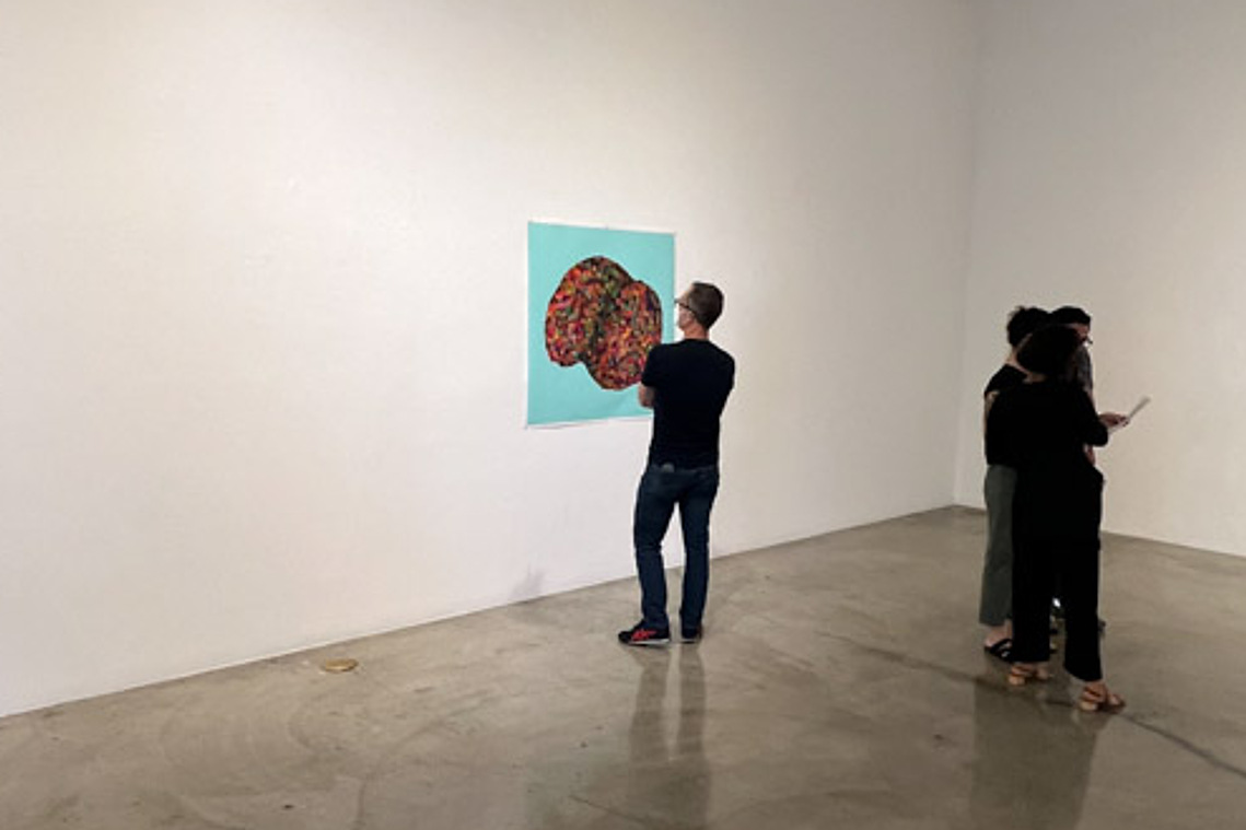 Visitor viewing situs solitus, installation view at Peggy Phelps and East Galleries, Claremont, 2022