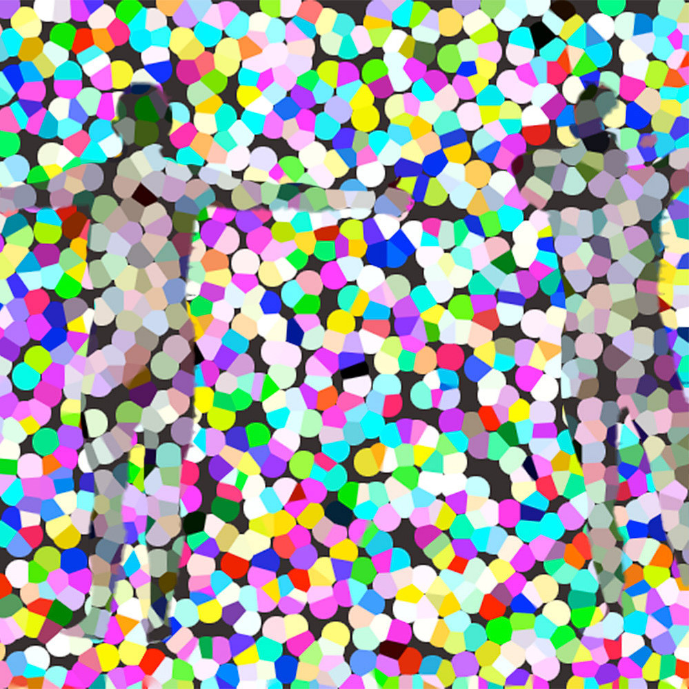 sub-limin-al by C Fodoreanu — pixelated figures emerging from a field of colored particles.