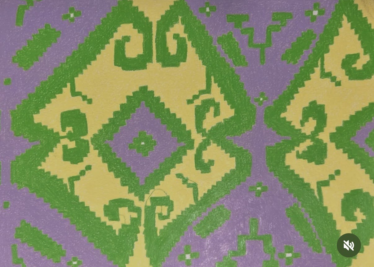 sutures, I — pen and wax on pressed cotton: green geometric motifs on a lilac and yellow ground, stepped diamond at center with curling cross-knot forms at the corners, mirror-symmetric pattern derived from Romanian folk-stitching vocabulary.