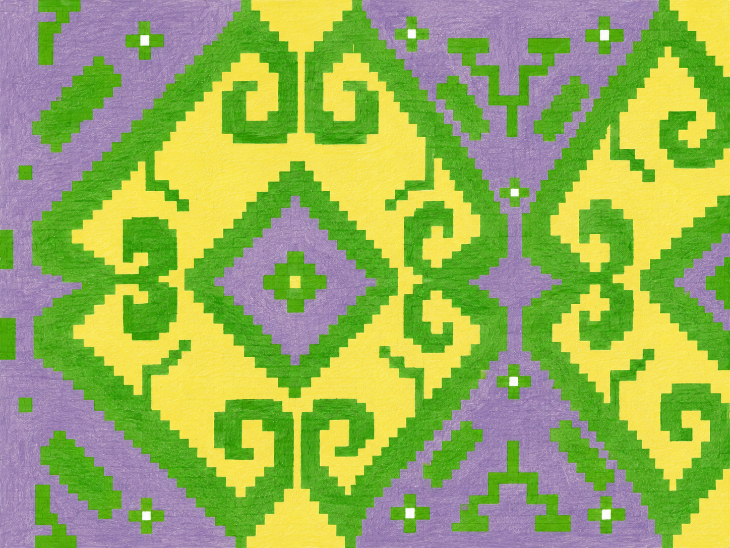 sutures, I — wax pen on pressed cotton: green geometric motifs on a lilac and yellow ground, stepped diamond at center with curling cross-knot forms at the corners, mirror-symmetric pattern derived from Romanian folk-stitching vocabulary.
