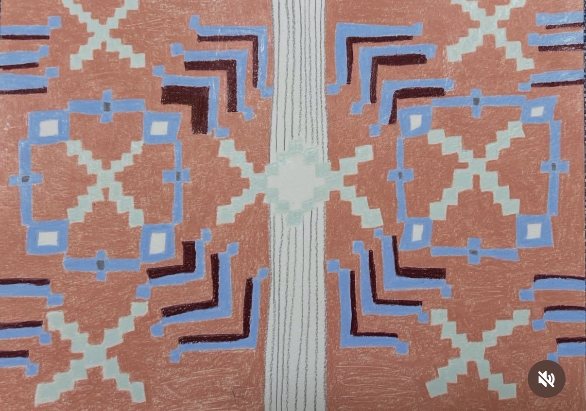 sutures, II — pen and wax on pressed cotton: terracotta-orange ground with mirrored stepped-square motifs in pale mint and pale blue, dark red outlines, a vertical pale band running down the center, symmetric Romanian folk-stitching pattern.