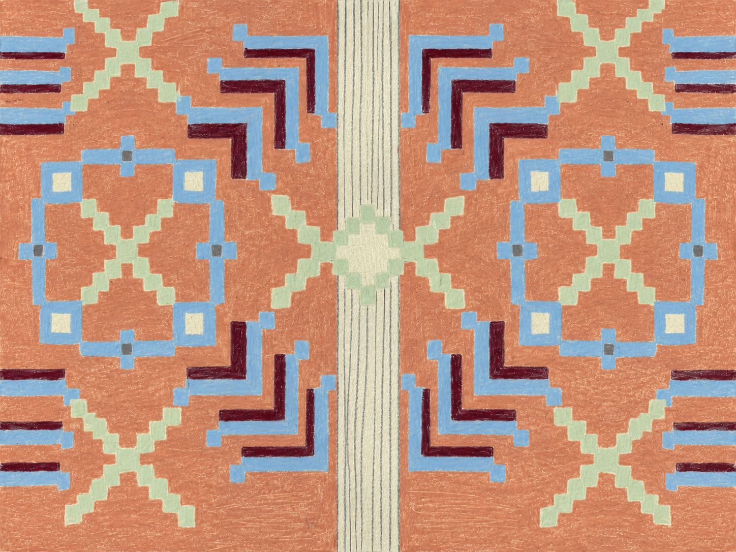 sutures, II — wax pen on pressed cotton: terracotta-orange ground with mirrored stepped-square motifs in pale mint and pale blue, dark red outlines, a vertical pale band running down the center, symmetric Romanian folk-stitching pattern.