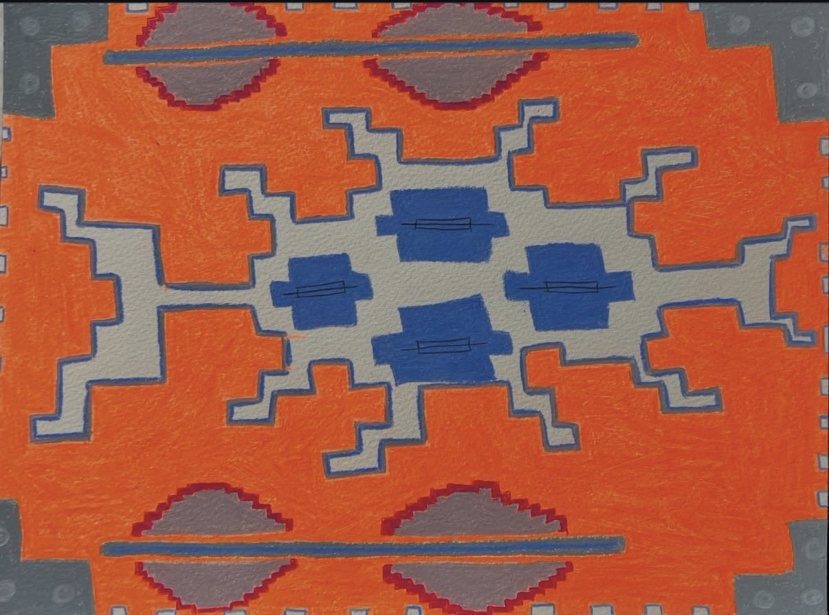 sutures, III — pen and wax on pressed cotton: bright orange ground with gray, blue, and lavender stepped motifs, central cluster of blue and gray rectangles with thin black hatch marks, gray corner blocks, symmetric pattern derived from Romanian folk-stitching vocabulary.