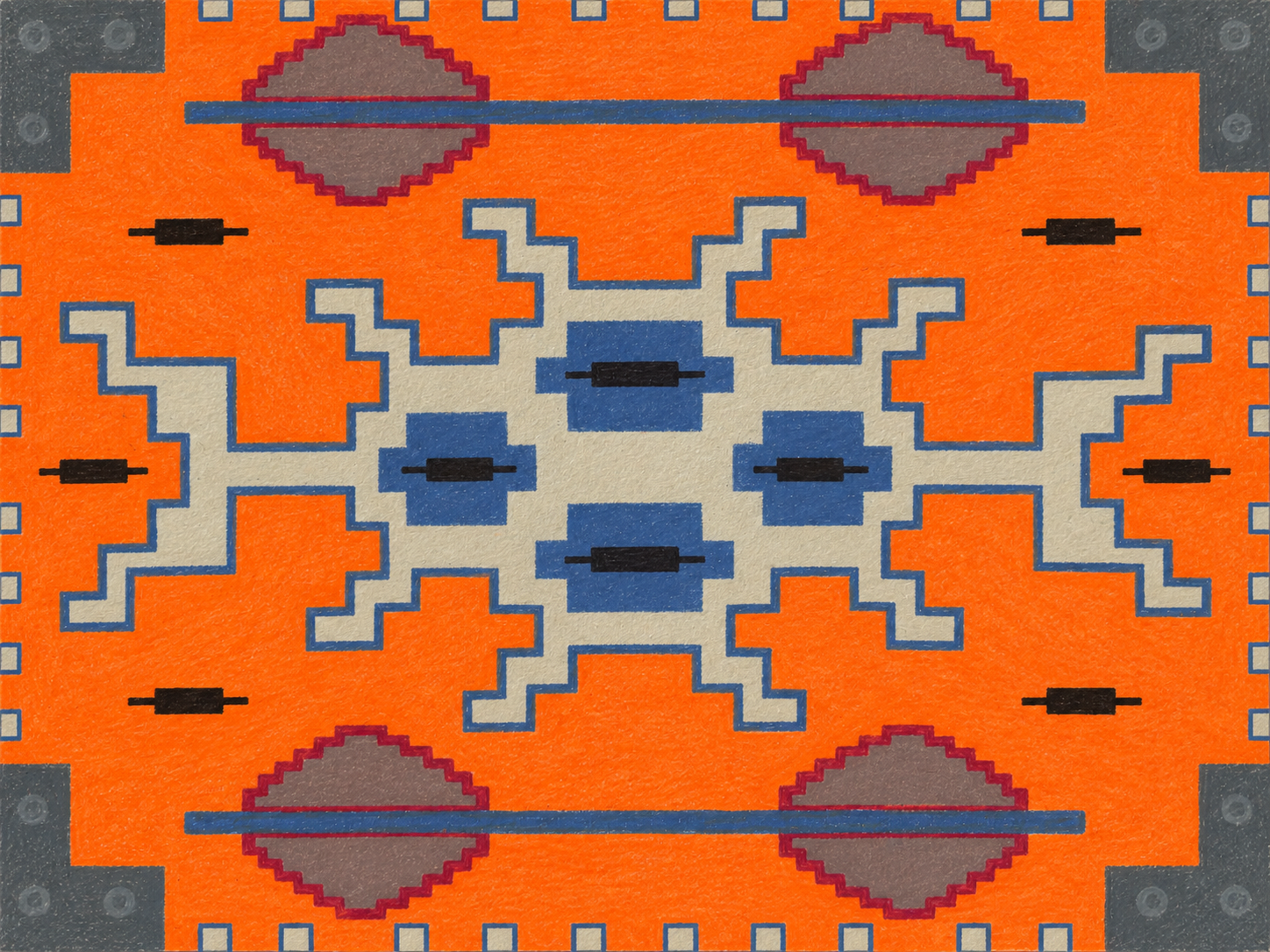 sutures, III — wax pen on pressed cotton: bright orange ground with gray, blue, and lavender stepped motifs, central cluster of blue and gray rectangles with thin black hatch marks, gray corner blocks, symmetric pattern derived from Romanian folk-stitching vocabulary.