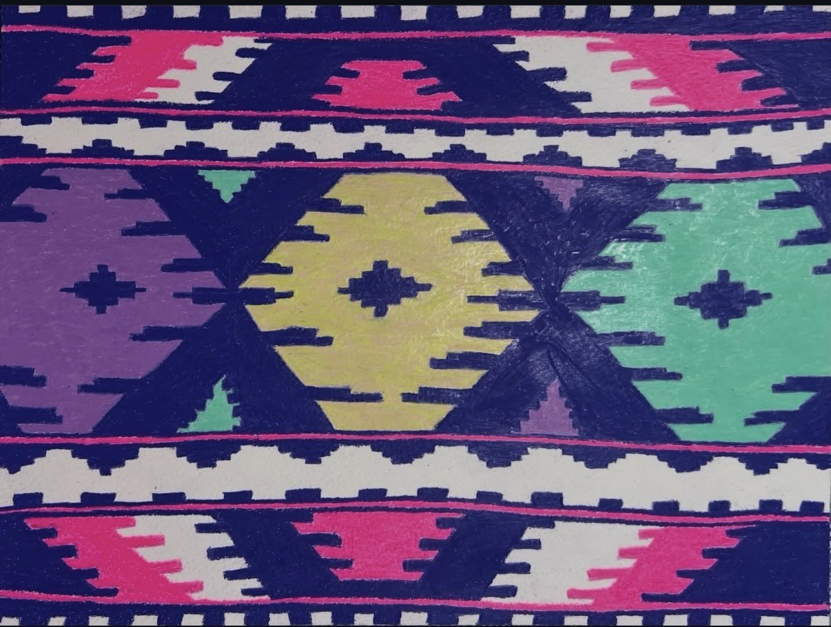 sutures, IV — pen and wax on pressed cotton: deep navy outlines on white ground with bands of magenta-pink, yellow-green, lavender, and mint, central hexagonal medallion with stepped diamond ornaments, kilim-style horizontal band structure adapted from Romanian folk-stitching vocabulary.