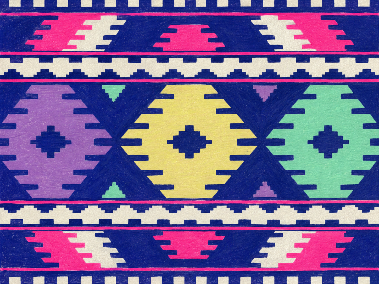 sutures, IV — wax pen on pressed cotton: deep navy outlines on white ground with bands of magenta-pink, yellow-green, lavender, and mint, central hexagonal medallion with stepped diamond ornaments, kilim-style horizontal band structure adapted from Romanian folk-stitching vocabulary.