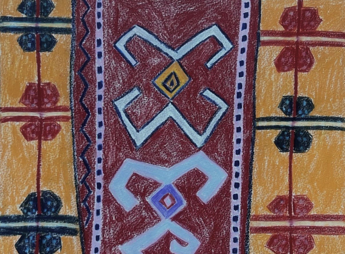 sutures, V — pen and wax on pressed cotton: a deep red central band carries white and lavender geometric knot motifs; orange columns flank the band with red ornaments and navy-dotted hexagonal forms; the pattern is symmetric, drawn from Romanian folk-stitching vocabulary.