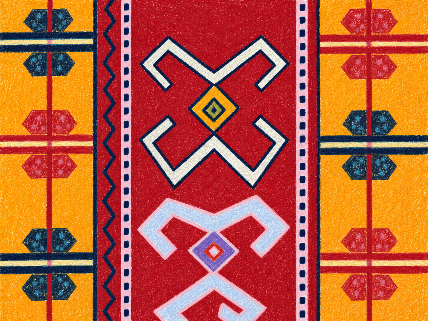 sutures, V — wax pen on pressed cotton: a deep red central band carries white and lavender geometric knot motifs; orange columns flank the band with red ornaments and navy-dotted hexagonal forms; the pattern is symmetric, drawn from Romanian folk-stitching vocabulary.