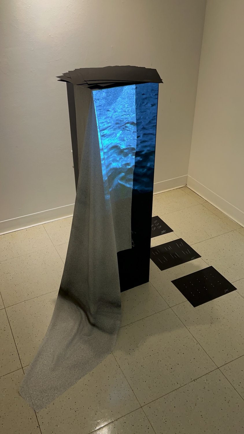 the take away, installation view, Fine Arts Studios, School of Visual Arts, New York, 2022 — pedestal with paper cards arranged on the floor