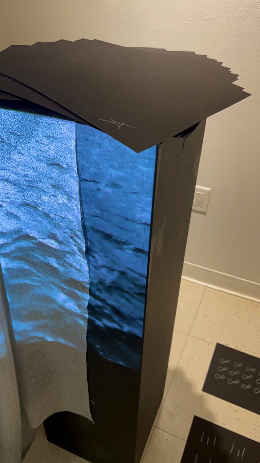 the take away, installation view, Fine Arts Studios, School of Visual Arts, New York, 2022 — full pedestal with silk drape
