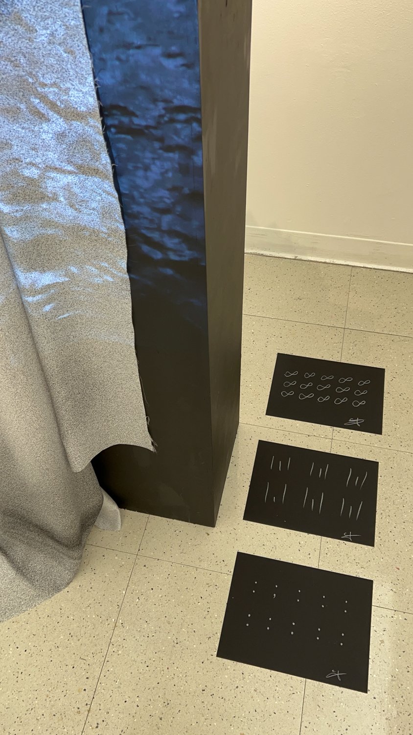 the take away, installation view, Fine Arts Studios, School of Visual Arts, New York, 2022 — top of pedestal with stack of paper cards