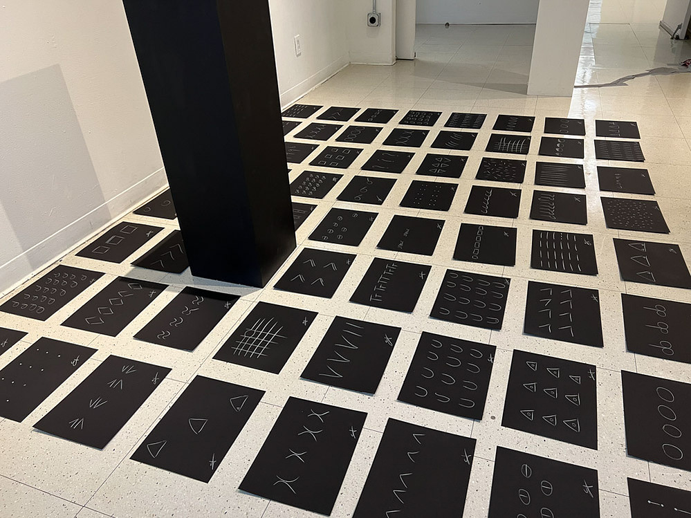 the giveaway, installation view at Fine Arts Studios, School of Visual Arts, New York, 2022 — detail of floor pencil drawings around pedestal