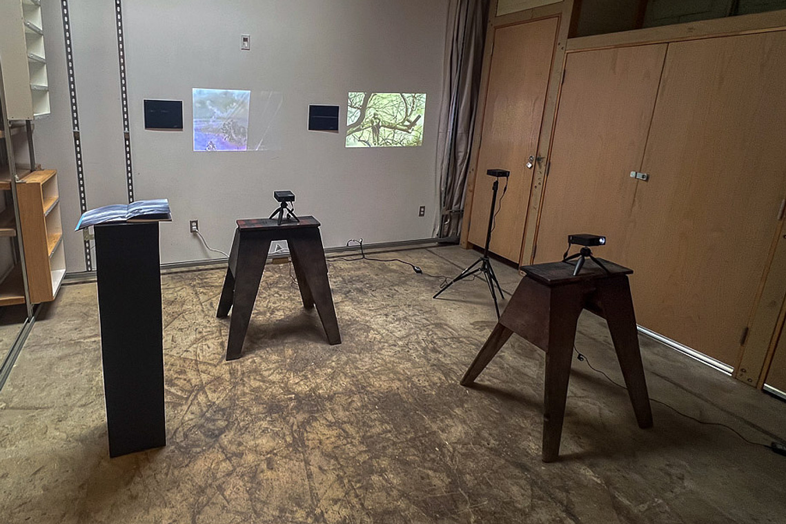 the giveaway, installation view at Space 4 Art, San Diego, 2023 — video projection of figure in tree branches with chalk-on-canvas work