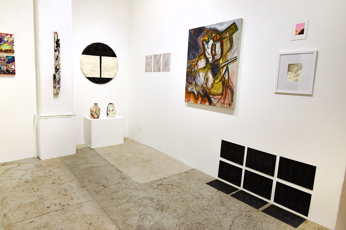 the giveaway, installation view at Yonder Crush, Satchel Projects, New York, 2023 — wide gallery view with chalk-on-canvas works among group show