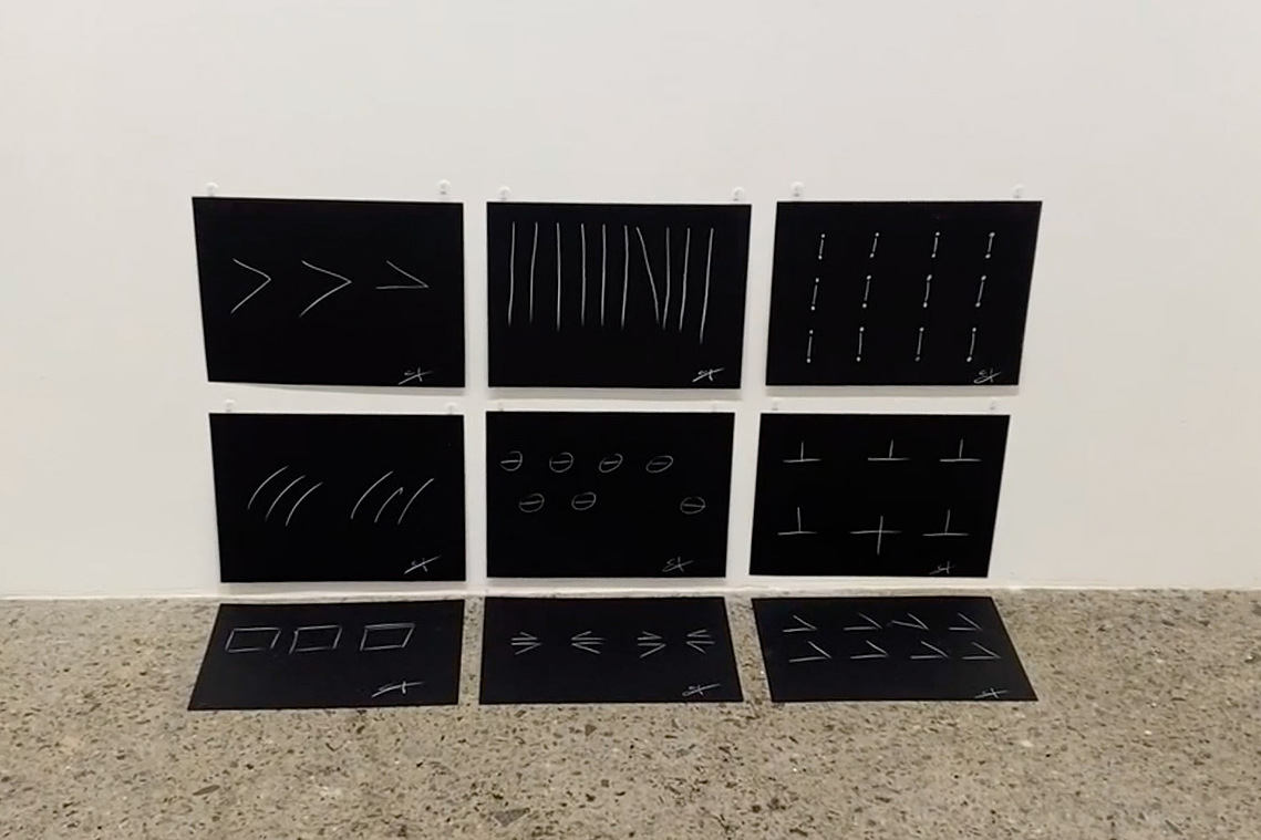 the giveaway, installation view at Yonder Crush, Satchel Projects, New York, 2023 — chalk-on-canvas works installed in 3×3 grid