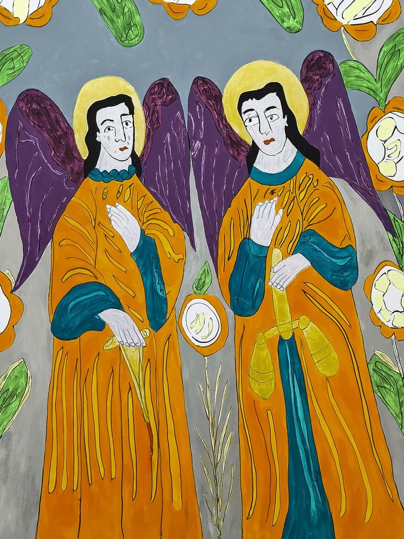 Archangels Michael and Gabriel, from writings — two haloed angels in orange robes with purple wings, surrounded by stylized white roses.
